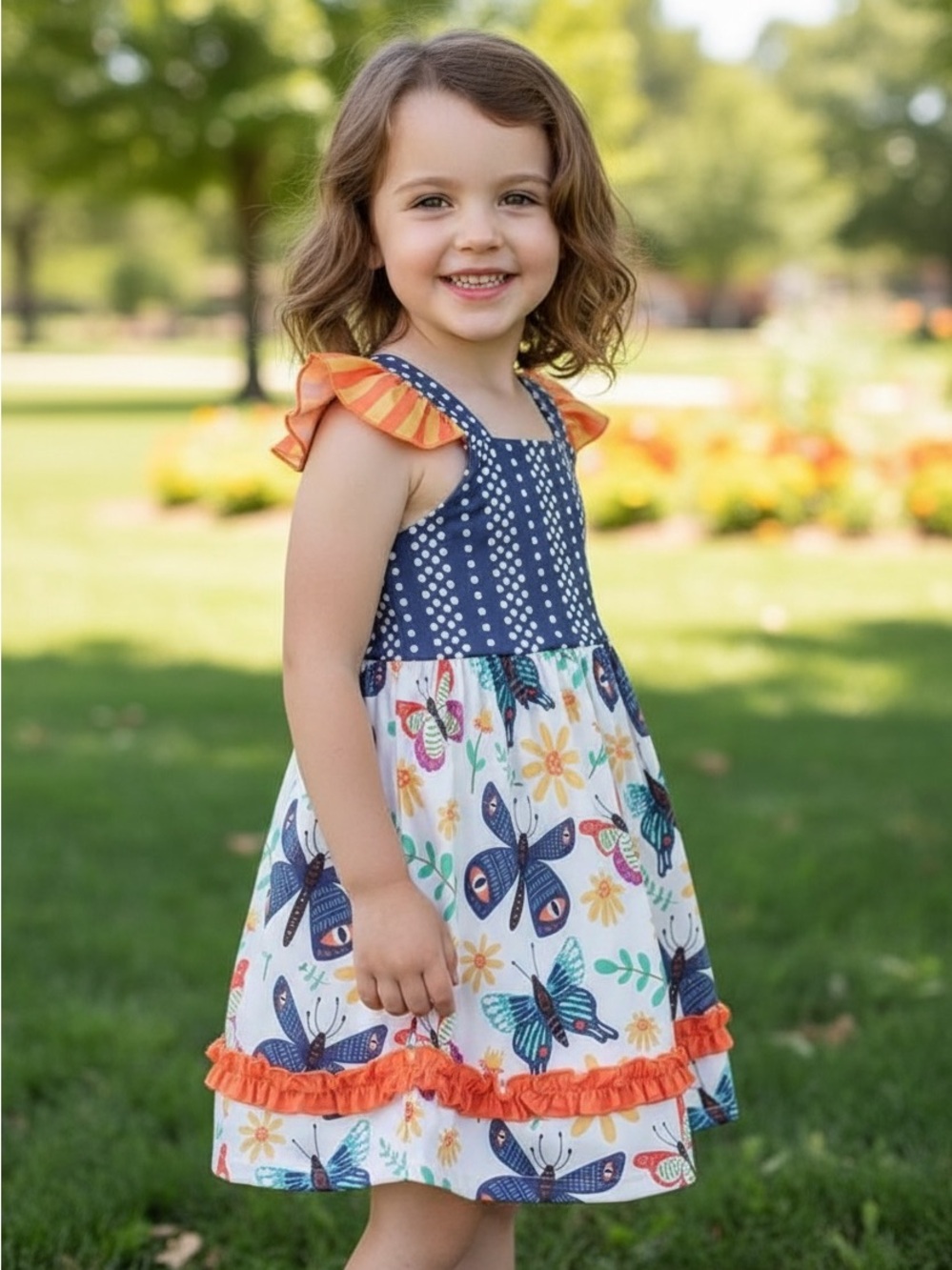 Sydney so Sweet Girls Navy Polka Dot & Butterfly Print Dress Ruffle 7 / 8